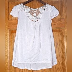 One Clothing Crochet Detail Marled Light Pink Cap Sleeve Linen Blend Top Sz L